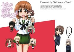  akiyama_yukari blonde_hair blue_eyes blush brown_eyes brown_hair chibi darjeeling girls_und_panzer itsumi_erika kadotani_anzu katyusha kay_(girls_und_panzer) loafers long_hair lowres military military_uniform multiple_girls nishizumi_maho nishizumi_miho ribbon shoes short_hair smile thigh-highs tokidome_zamao twintails uniform 