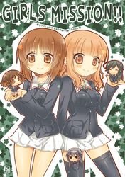  5girls akiyama_yukari blush brown_eyes brown_hair chibi cover girls_und_panzer gloves hairband isuzu_hana jacket kodou_mikoto long_hair multiple_girls nishizumi_miho reizei_mako sample smile takebe_saori thigh-highs 