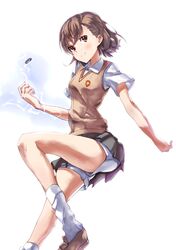  1girl biribiri brown_eyes brown_hair coin electricity misaka_mikoto school_uniform short_hair shorts shorts_under_skirt solo to_aru_kagaku_no_railgun to_aru_majutsu_no_index tsuuhan 
