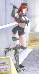 1girl boots breasts gloves high_heels large_breasts midriff miniskirt necktie original police police_uniform policewoman shoes skirt solo translation_request uniform wakino_keibun 