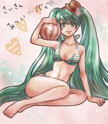  bad_feet barefoot bikini green_eyes green_hair hat hatsune_miku long_hair marika_monroe smile striped striped_bikini striped_swimsuit swimsuit top_hat twintails vocaloid 