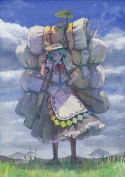  1girl alternate_hair_length alternate_hairstyle backpack bag blue_hair boots cross-laced_footwear food frills fruit hand_on_hip hat hinanawi_tenshi knee_boots lace-up_boots misawa_hiroshi peach red_eyes short_hair solo standing touhou 