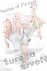  anemone closed_eyes eureka eureka_7 eureka_seven eureka_seven_(series) hair_ornament hairclip highres legs long_hair multiple_girls pink_hair plastick sakuya_(e7) sakuya_(eureka_seven) short_hair smile tattoo thigh_strap 