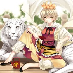  blonde_hair hair_ornament shawl short_hair solo tiger toramaru_shou touhou white_tiger yellow_eyes 
