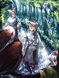  animal_ears detached_sleeves gun hat highres inubashiri_momiji katana lleu multiple_girls polearm rifle short_hair sword tokin_hat touhou weapon white_hair wolf_ears 