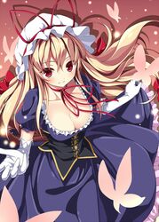  1girl akeboshi_kagayo blonde_hair blush bow breasts butterfly choker cleavage dress gloves hair_bow hat long_hair red_eyes ribbon smile solo touhou yakumo_yukari 