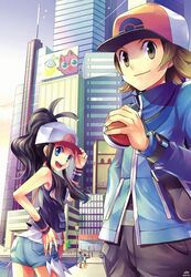  blue_eyes brown_eyes brown_hair denim denim_shorts hat holding holding_poke_ball jacket jigglypuff long_hair mantyke pikachu poke_ball pokemon pokemon_(game) pokemon_black_and_white pokemon_bw ponytail shorts tomone touko_(pokemon) touya_(pokemon) wristband 
