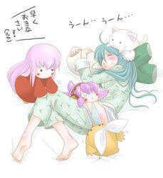  aqua_hair barefoot cat_hat cathat feet hat hatsune_miku jack_(slaintheva) kagamine_rin long_hair megurine_luka megurine_luka_(toeto) pajamas panties pants_pull sleeping soratobazu_(vocaloid) spring_onion striped striped_panties takoluka toeto_(vocaloid) twintails underwear very_long_hair vocaloid 