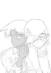  detective_conan hat hattori_heiji hattori_heji kudou_shin'ichi kudou_shinichi monochrome surprised white_background 