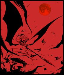  hat highres monochrome moon polearm red remilia_scarlet ryuhey solo spear spear_the_gungnir touhou weapon wings 