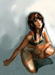 bikini bow bow_(bhp) braid brown_eyes brown_hair hair_bow highres long_hair original sketch swimsuit twin_braids 