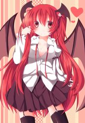  1girl absurdres breasts demon_wings head_wings heart highres koakuma long_hair red_eyes redhead shirt solo thigh-highs touhou very_long_hair wings y_chan6262 