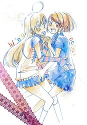 ahoge brown_eyes brown_hair dress elbow_gloves faux_traditional_media fingerless_gloves gloves happy holding_hands legs long_hair multiple_girls original pikuyuri pixiv pixiv_yuri_gakuen ponytail skirt smile socks umeno yellow_eyes 