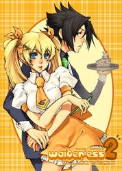  black_hair blonde_hair blue_eyes cake facial_mark food genderswap hair_ornament hair_ribbon hairclip lips long_hair long_sleeves na_young_lee naruko naruto necktie notepad orange_dress pen profile ribbon sexy_no_jutsu short_sleeves skirt tray uchiha_sasuke uzumaki_naruto waiter waitress 