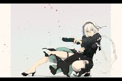  dress dual_wielding gothic_lolita grey_eyes gun hair_bow hairband handgun high_heels lolita_fashion long_hair mamiya0983 original shoes solo thigh_strap trigger_discipline twintails very_long_hair weapon white_hair 