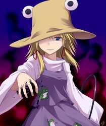  1girl aura blonde_hair blue_eyes hair_ornament hat miyo_(ranthath) moriya's_iron_rings moriya_suwako solo touhou wide_sleeves 