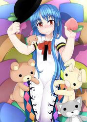  1girl absurdres amecha blue_hair food fruit hat highres hinanawi_tenshi long_hair peach red_eyes stuffed_animal stuffed_bunny stuffed_cat stuffed_toy teddy_bear touhou very_long_hair 