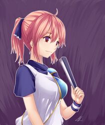  1girl alternate_costume alternate_hairstyle bust contemporary fan folding_fan hair_ribbon miyo_(ranthath) payot pink_eyes pink_hair ponytail ribbon saigyouji_yuyuko smile solo touhou wristband 
