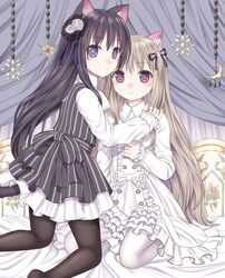  2girls animal_ears black_hair cat_ears cat_tail dress ikeda_yuuki long_hair multiple_girls original pantyhose silver_hair tail violet_eyes 