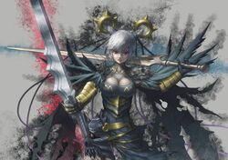  horns long_hair mismi original silver_hair solo sword weapon 