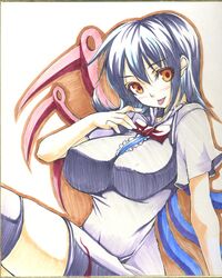 black_hair black_legwear black_thighhighs breasts houjuu_nue large_breasts marker_(medium) millipen_(medium) oohira_sansetto red_eyes shikishi short_hair solo thigh-highs thighhighs tongue touhou traditional_media wings zettai_ryouiki 