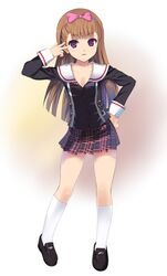  hairband idolmaster koyama_tomosato long_hair minase_iori plaid plaid_skirt pleated_skirt purple_eyes school_uniform skirt socks solo tartan v violet_eyes white_legwear white_socks 