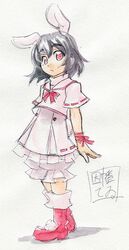  1girl adapted_costume alternate_costume animal_ears black_hair boots highres inaba_tewi kawachi_koorogi marker_(medium) rabbit_ears red_eyes short_hair skirt skirt_set solo tail touhou traditional_media 