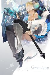  1girl armor armored_dress asascarlet ass bare_shoulders boots brown_eyes character_name choker crown dress flower gwendolyn hair_flower hair_ornament knees_on_chest odin_sphere panties pantyshot pantyshot_(sitting) polearm short_hair silver_hair sitting smile solo spear thigh-highs underwear weapon white_hair white_panties wings 
