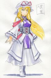  1girl adapted_costume blonde_hair bow dress hat highres kawachi_koorogi long_hair marker_(medium) smile solo touhou traditional_media yakumo_yukari yellow_eyes 
