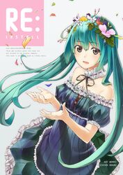  aqua_eyes aqua_hair dress flower hair_flower hair_ornament hatsune_miku head_wreath highres ichiko_oharu long_hair oharu_(pixiv85447) solo thigh-highs thighhighs twintails vocaloid 