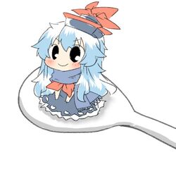 1girl black_eyes blue_hair blush hat kamishirasawa_keine long_hair lowres rebecca_(keinelove) scarf smile spoon touhou 