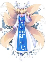  1girl animal_ears blonde_hair csai dress fox_ears fox_tail hat highres multiple_tails short_hair solo tail touhou yakumo_ran yellow_eyes 