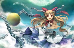  bow brown_hair chain cloud clouds hair_bow hair_ribbon horns ibuki_suika moon red_eyes ribbon solo touhou yoshino_ryou 