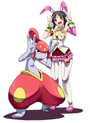  1girl animal_ears black_hair choker cosplay heart love_ball maeda_kanon medicham open_mouth photokano pink_eyes poke_ball pokemon rabbit_ears short_hair star tsukune v 