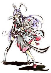  2girls absurdres animal_ears black_legwear breasts detached_sleeves goku_(acoloredpencil) hat highres inubashiri_momiji long_hair multiple_girls necktie purple_hair rabbit_ears red_eyes reisen_udongein_inaba short_hair simple_background skirt sword thigh-highs tokin_hat touhou traditional_media weapon white_background white_hair wolf_ears 