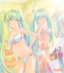  bad_id bad_reflection bikini dressing_room error front-tie_top green_eyes green_hair hatsune_miku long_hair mayo_riyo mirror project_diva reflection side-tie_bikini solo striped striped_bikini striped_swimsuit swimsuit twintails very_long_hair vocaloid 