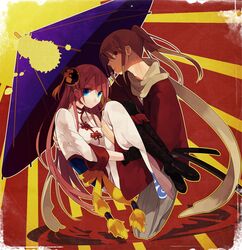  1boy 1girl blue_eyes boots brown_hair carrying couple gintama gloves hiyo_kiki kagura_(gintama) knee_boots kneeling long_hair looking_at_viewer okita_sougo orange_eyes ponytail princess_carry scarf tagme umbrella 