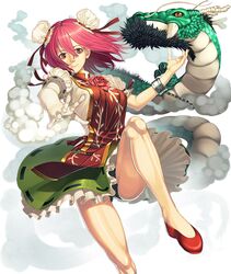  1girl bandages black_panties botaofnw chain double_bun dragon flower ibaraki_kasen panties pink_hair red_eyes shackle short_hair skirt smile tabard touhou underwear 