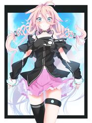  1girl asymmetrical_legwear black_legwear blue_eyes coracola detached_sleeves dress garters highres ia_(vocaloid) pink_hair skirt tagme thigh-highs vocaloid 