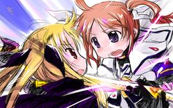  battle blonde_hair blush brown_hair fate_testarossa mahou_shoujo_lyrical_nanoha mahou_shoujo_lyrical_nanoha_the_movie_1st mtr purple_eyes raising_heart red_eyes takamachi_nanoha twintails violet_eyes 