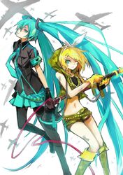  airplane aqua_eyes aqua_hair bad_id blonde_hair blue_eyes camouflage detached_sleeves gloves gun hair_ornament hair_ribbon hairclip hatsune_miku i-riya kagamine_rin koi_wa_sensou_(vocaloid) long_hair microphone multiple_girls navel pantyhose ribbon rifle short_hair skirt very_long_hair vocaloid weapon wink 