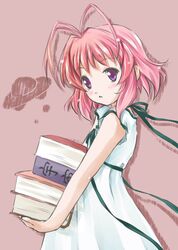  baby_princess blush book carrying dress fubuki_(baby_princess) pink_hair purple_eyes short_hair solo violet_eyes 