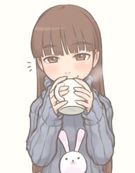  cup drinking ebinera face hair_down idolmaster minase_iori mug rabbit smile sweater 