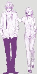  1girl breasts cigarette cleavage couple durarara!! hand_in_pocket hand_on_shoulder heiwajima_shizuo jooji monochrome sketch smoke smoking sunglasses vorona vorona_douglanikov 