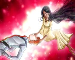  1girl amuro_ray barefoot bindi black_hair closed_eyes couple dark_skin dress facial_mark forehead_mark good_end gundam lalah_sune long_hair love mobile_suit_gundam pilot_suit rffcq251 very_long_hair 
