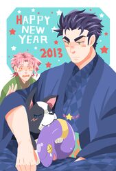  2boys black_hair crossover dog ekans green_eyes iggy_(jojo) jojo_no_kimyou_na_bouken kakyouin_noriaki kuma86 kuujou_joutarou multiple_boys pink_hair pokemon pokemon_(game) pokemon_rgby red_eyes tears x_x 