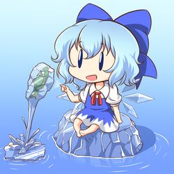  1girl barefoot blue_dress blue_eyes blue_hair bow chibi cirno dress fish fishing frozen hair_bow ice ice_block ice_wings mazume open_mouth puffy_sleeves shirt short_sleeves sitting smile solo touhou water wings |_| 