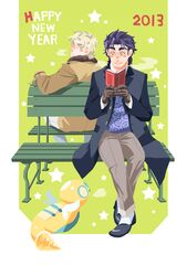  2boys bench blonde_hair blue_hair book breath crossover dio_brando dunsparce green_eyes jojo_no_kimyou_na_bouken jonathan_joestar kuma86 multiple_boys pokemon pokemon_(game) pokemon_gsc red_eyes 