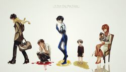  age_progression black_hair blood ikari_shinji looking_away multiple_persona plugsuit scarf school_uniform sha_rp short_hair 