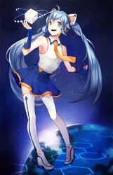  1girl aqua_eyes blue_hair boots elbow_gloves fingerless_gloves gloves hatsune_miku long_hair naguri necktie pigeon-toed skirt solo thigh-highs thigh_boots twintails very_long_hair vocaloid 